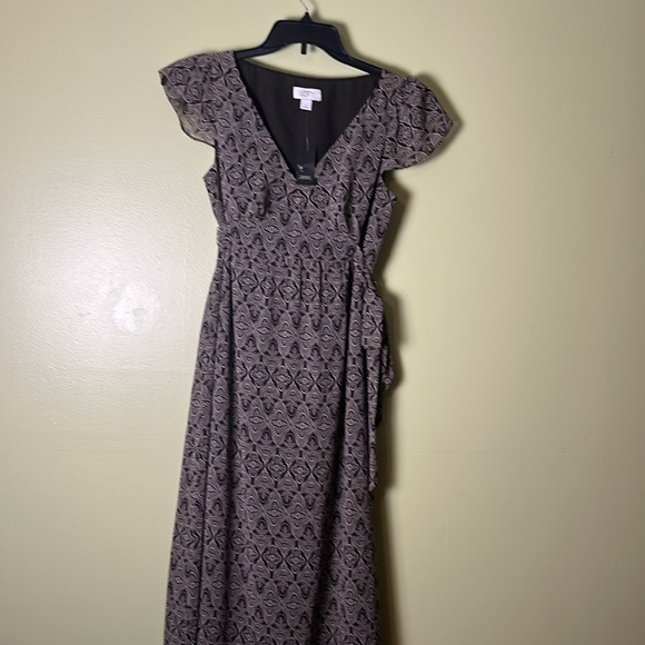 Ann Taylor LOFT brown and beige Wrap Midi Dress with Flutter Sleeves - Picture 3 of 6